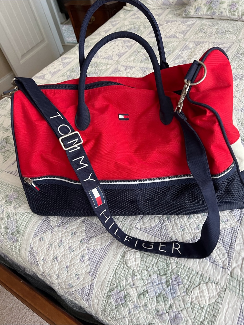 Tommy Hilfiger Red and Navy Canvas Duffel with Branded Strap